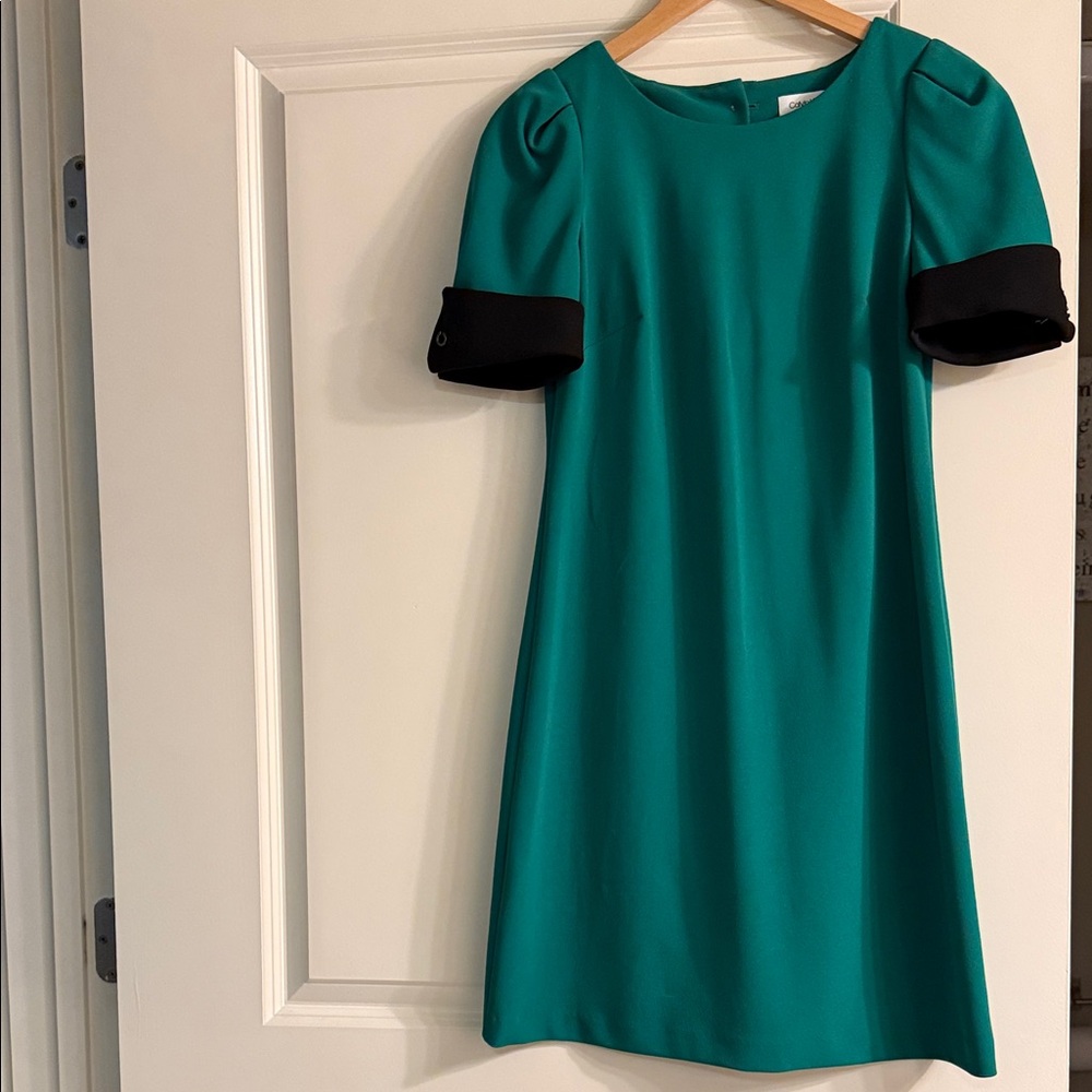 Calvin Klein Green & Black Colorblock  Dress with gold accents